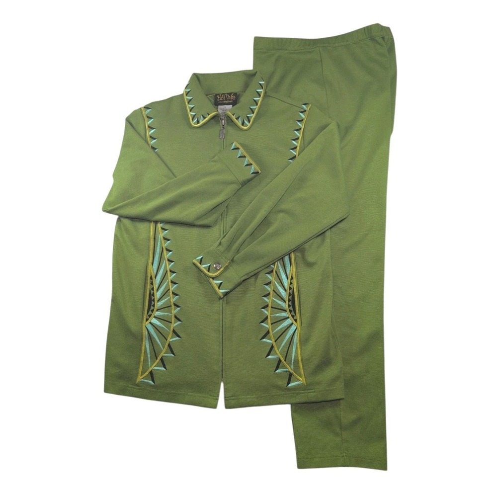 Bob Mackie Wearable Art Green Embroidered Jacket and Pants Set Womens S Aztec